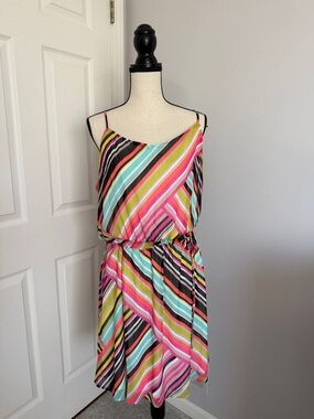 Tacera Pink, Turquoise, Yellow & Black Striped Mini Dress